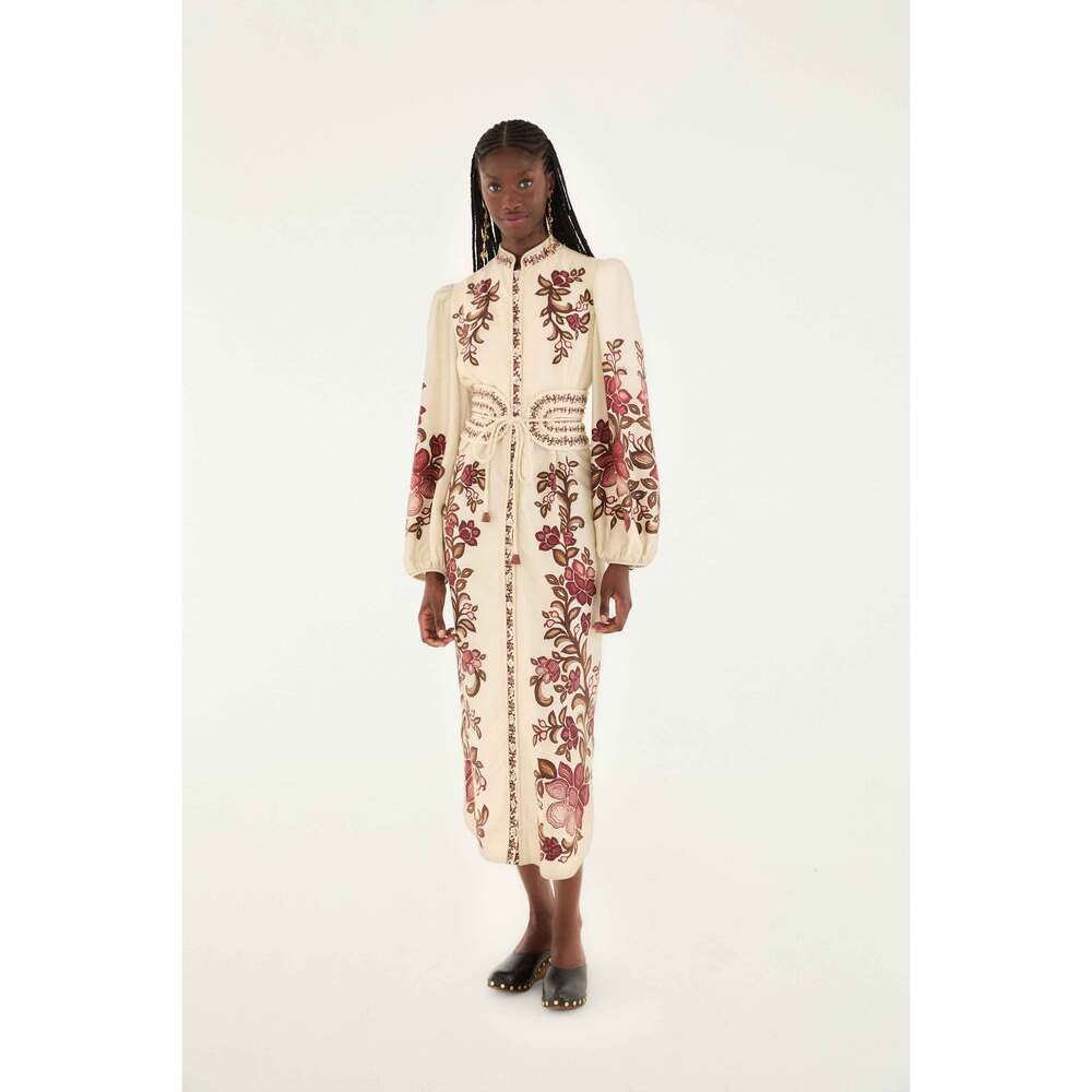 FARM Rio Sand Renata Floral Long Sleeve Midi Dress Size SRENATA FLORAL SAND / S